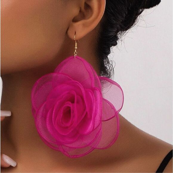Hot Pink Rose Earrings - Picture 1 of 2